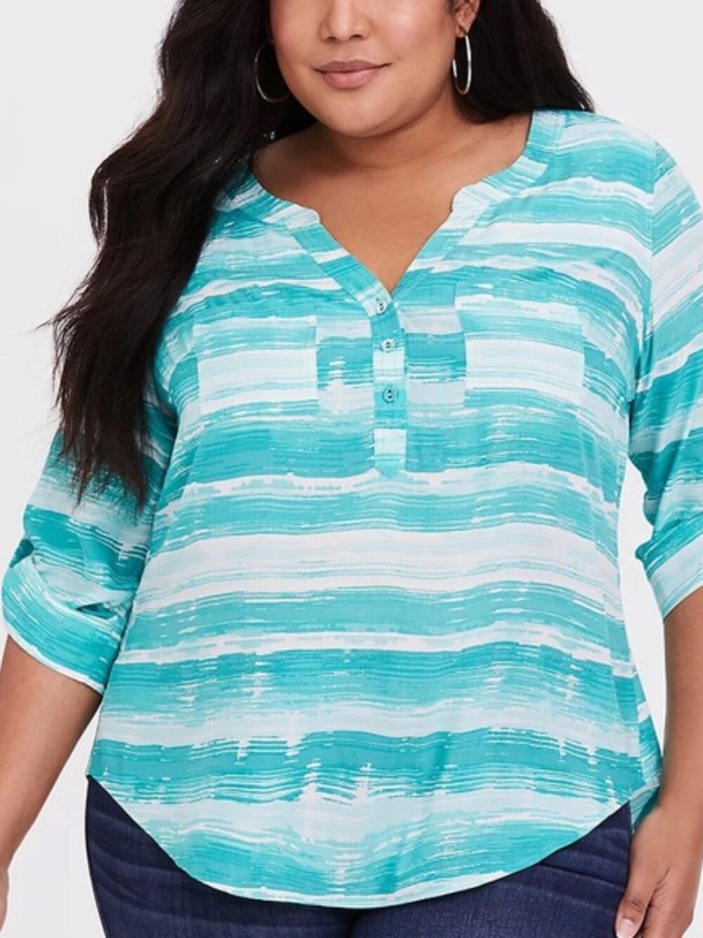 Torrid Harper 3/4 Sleeve Challis Turqoise and White Blouse Size 4/4x